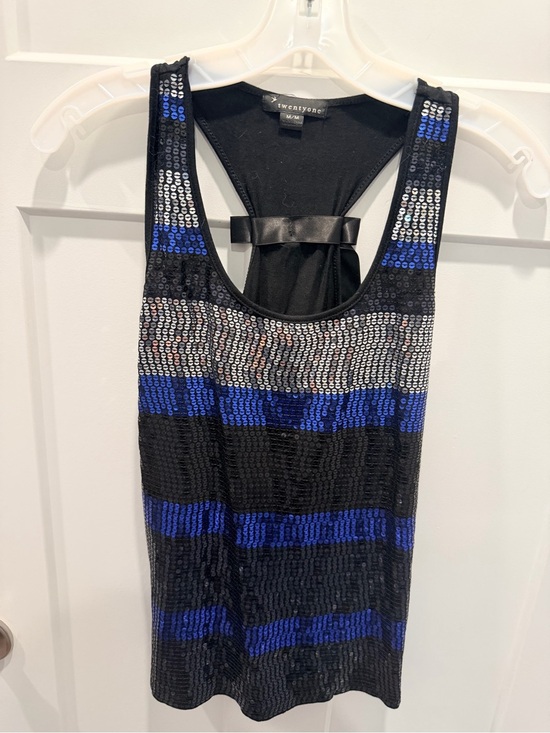 Twentyone Black Tops - Twenty-One Medium Black Blue Silver Sequin Racerback Party Tank Y2K